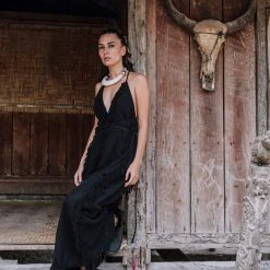 Jimmy Black Cotton Boho Maxi Dress With Hand Loomed Tassels Limited Edition