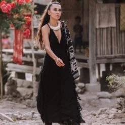 Jimmy Black Cotton Boho Maxi Dress With Hand Loomed Tassels Limited Edition