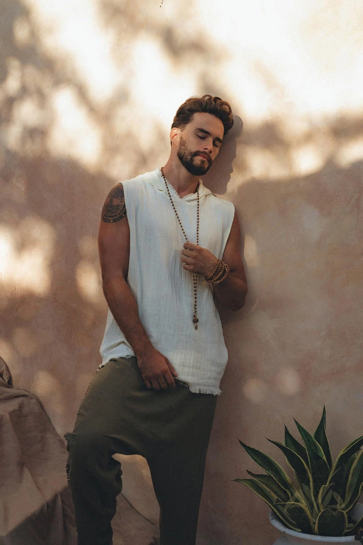 AYA Sacred Wear White Handwoven Cotton Sleeveless Hoody For Men 12 AYA Sacred Wear White Handwoven Cotton Sleeveless Hoody For Men