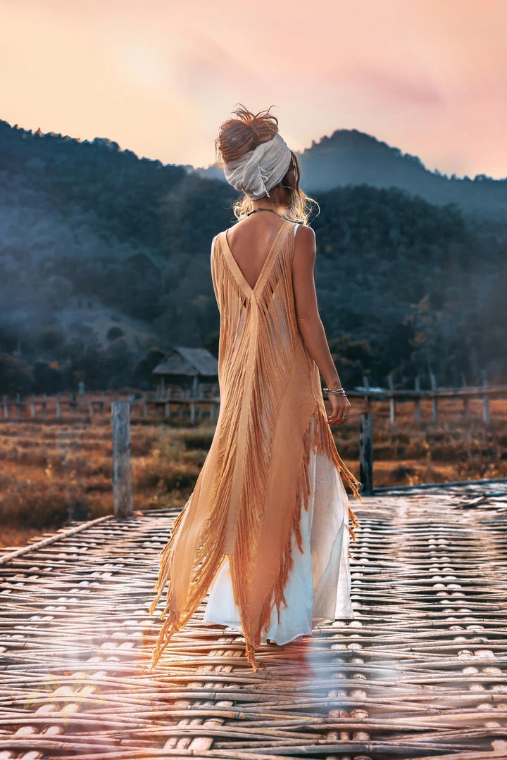 Jimmy Limited Edition Beige Ochre Boho Handwoven Hand-Loomed See Through Dress