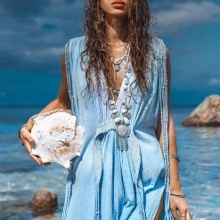 Jimmy Sky Blue Ombre Dyed Dress • Boho Wedding Dress • Handmade Macrame Dress