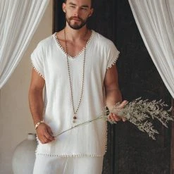 AYA Sacred Wear Off-White Handmade Knots Decorated T-Shirt For Men