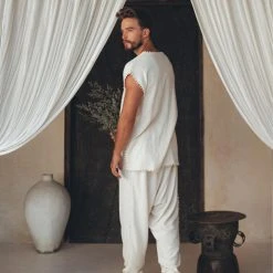 AYA Sacred Wear Off-White Handmade Knots Decorated T-Shirt For Men