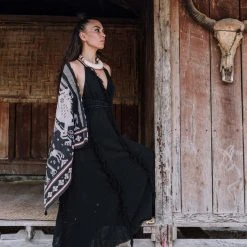 Jimmy Black Cotton Boho Maxi Dress With Hand Loomed Tassels Limited Edition