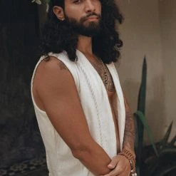 AYA Sacred Wear Organic Men's Clothing Off-White Hand Embroidered Vest For Men