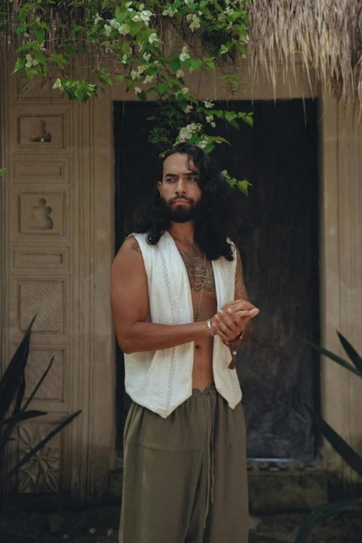 AYA Sacred Wear Organic Men's Clothing Off-White Hand Embroidered Vest For Men