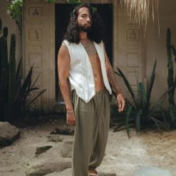 AYA Sacred Wear Organic Men's Clothing Off-White Hand Embroidered Vest For Men