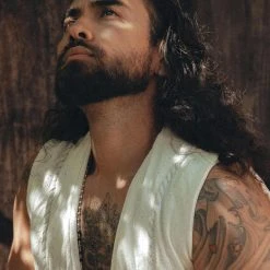 AYA Sacred Wear Organic Men's Clothing Off-White Hand Embroidered Vest For Men