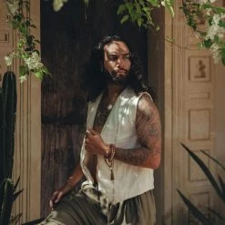 AYA Sacred Wear Organic Men's Clothing Off-White Hand Embroidered Vest For Men