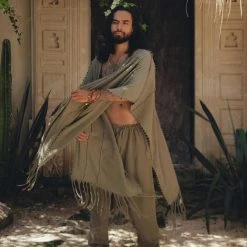 AYA Sacred Wear Sage Green Raw Cotton Minimalist Poncho For Men Organic Men's Clothing