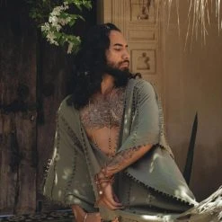 AYA Sacred Wear Sage Green Raw Cotton Minimalist Poncho For Men Organic Men's Clothing