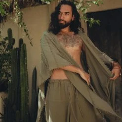 AYA Sacred Wear Sage Green Raw Cotton Minimalist Poncho For Men Organic Men's Clothing