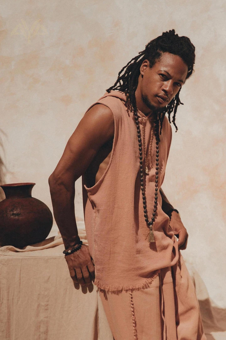 Eddie Sandalwood Colour Handwoven Cotton Sleeveless Hoody For Men On Sale 11 Eddie Sandalwood Colour Handwoven Cotton Sleeveless Hoody For Men On Sale