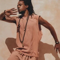 Eddie Sandalwood Colour Handwoven Cotton Sleeveless Hoody For Men On Sale