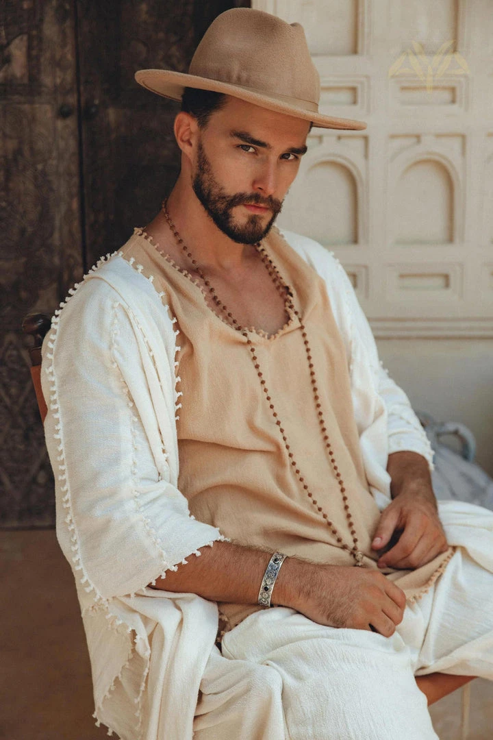 AYA Sacred Wear On Sale Light Beige Handmade Knots Decorated T-Shirt For Men 7 AYA Sacred Wear On Sale Light Beige Handmade Knots Decorated T-Shirt For Men