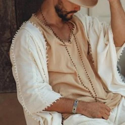 AYA Sacred Wear On Sale Light Beige Handmade Knots Decorated T-Shirt For Men 15 AYA Sacred Wear On Sale Light Beige Handmade Knots Decorated T-Shirt For Men