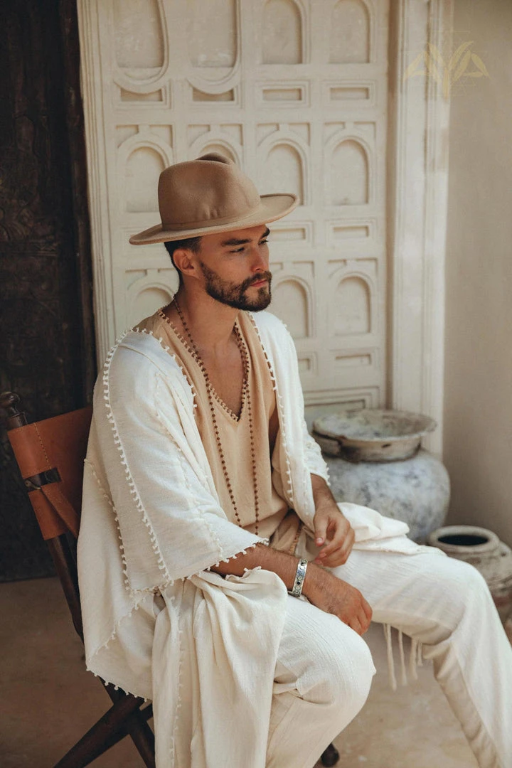 AYA Sacred Wear On Sale Light Beige Handmade Knots Decorated T-Shirt For Men 9 AYA Sacred Wear On Sale Light Beige Handmade Knots Decorated T-Shirt For Men