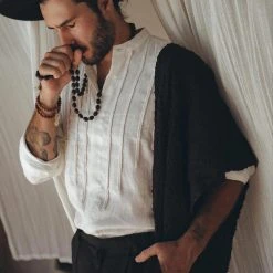 AYA Sacred Wear On Sale Off-White Linen Shirt For Men With Handmade Braids