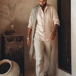AYA Sacred Wear Pale Pink Linen Shirt For Men With Handmade Braids