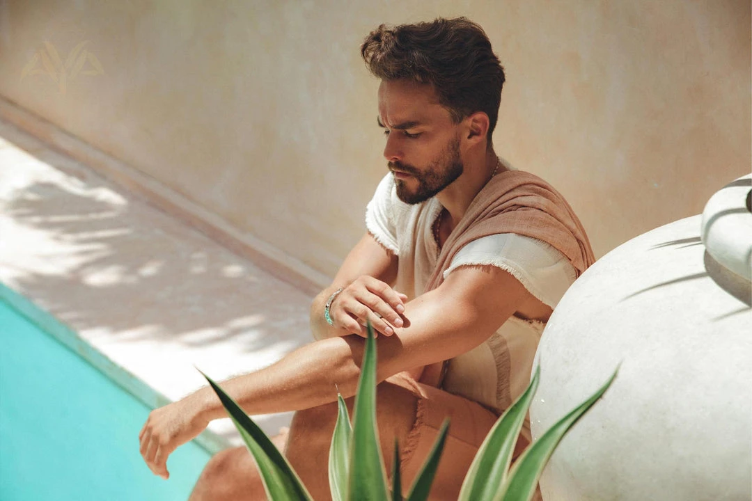 AYA Sacred Wear Organic Men's Clothing Off-White Handwoven Bohemian Tee T-shirt For Men