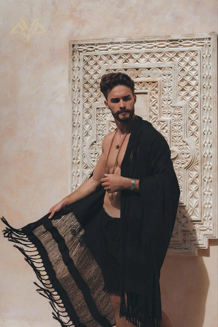 AYA Sacred Wear Black Hand Loomed Boho Fringed Sarong On Sale 4 AYA Sacred Wear Black Hand Loomed Boho Fringed Sarong On Sale