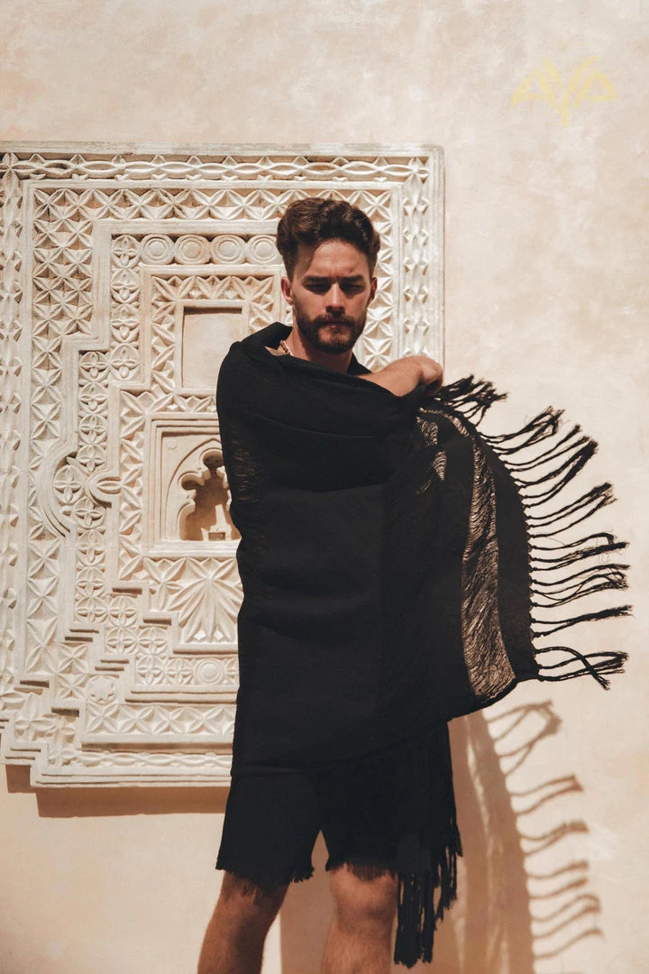 AYA Sacred Wear Black Hand Loomed Boho Fringed Sarong On Sale 3 AYA Sacred Wear Black Hand Loomed Boho Fringed Sarong On Sale