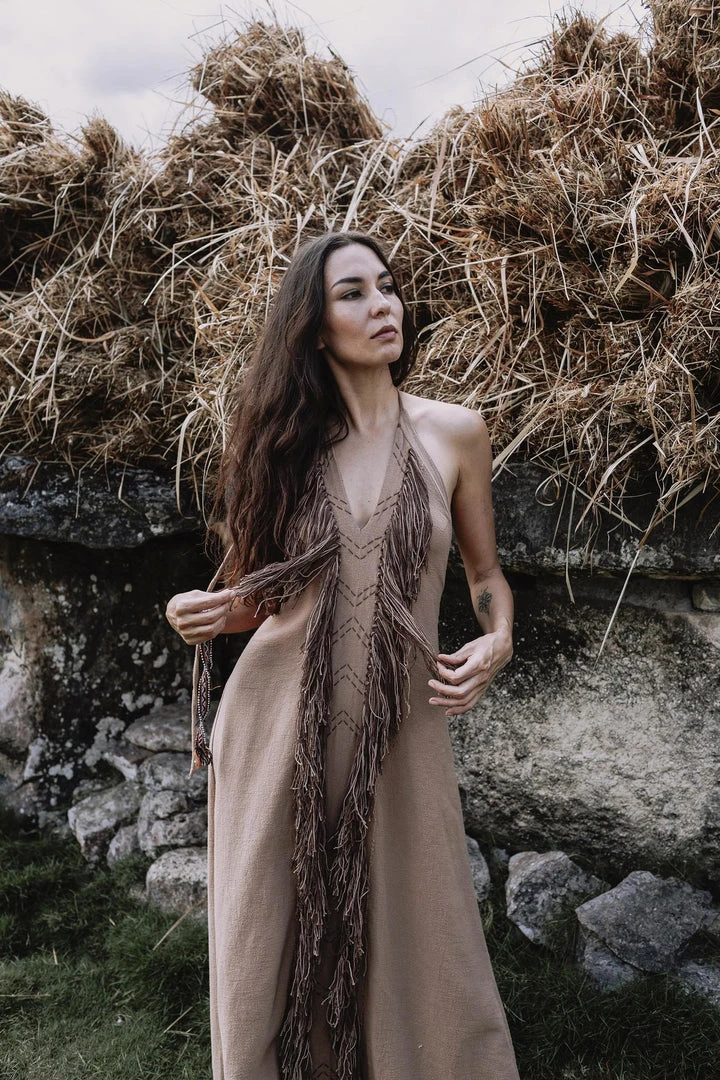 Jimmy Limited Edition Beige Organic Cotton Bohemian Tribal Maxi Dress With Hand Loomed Tassels 10 Jimmy Limited Edition Beige Organic Cotton Bohemian Tribal Maxi Dress With Hand Loomed Tassels