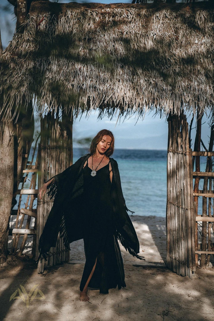 Eddie Black Boho Poncho • Plus Size Clothing • Unisex Hand-loomed Poncho Jackets & Cardigans