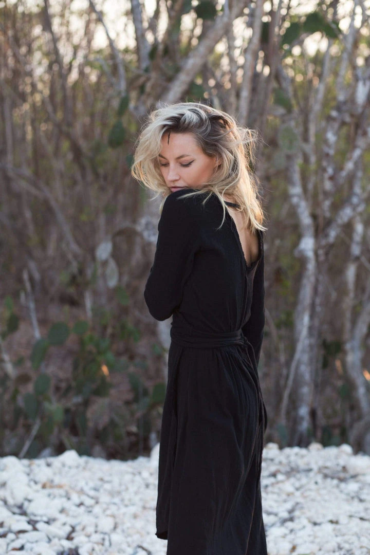 Stop List Black Linen Boho Wrap Dress Kimono Robe Organic Linen Garments