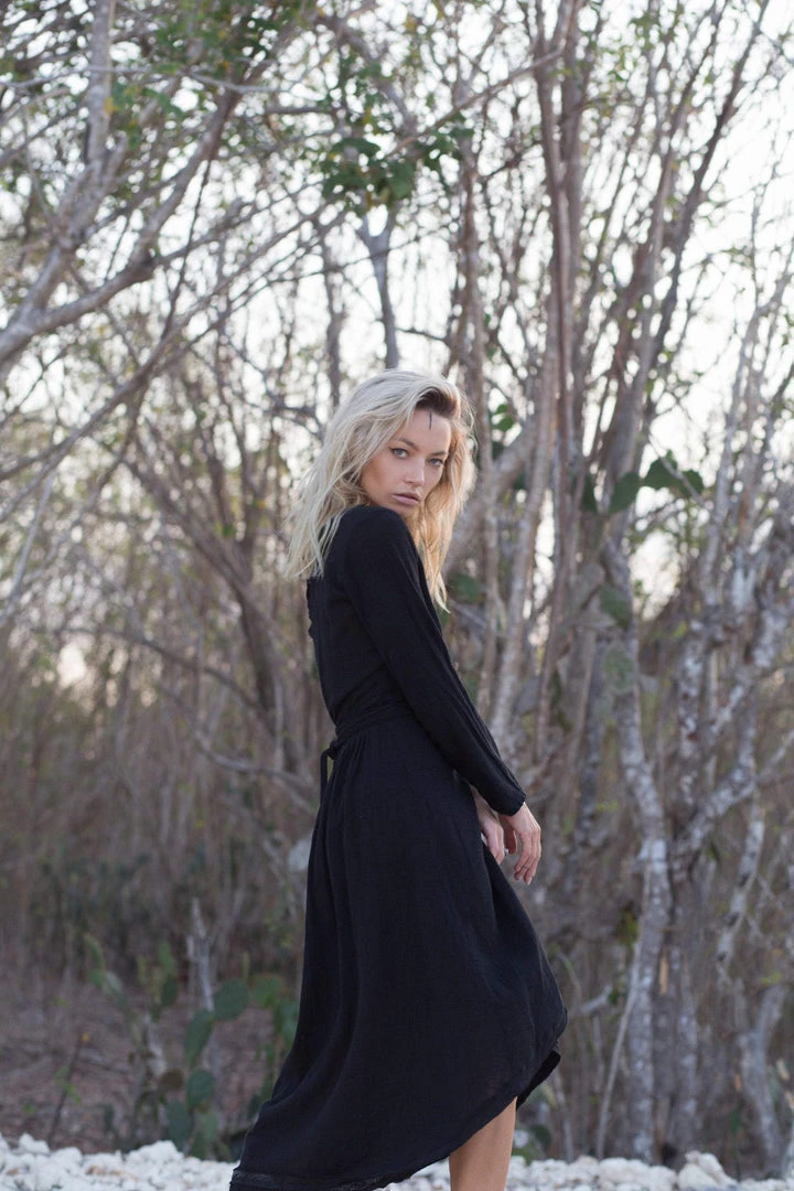 Stop List Black Linen Boho Wrap Dress Kimono Robe Organic Linen Garments