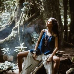 Stop List Blue Organic Cotton Top For Women With Opened Shoulder