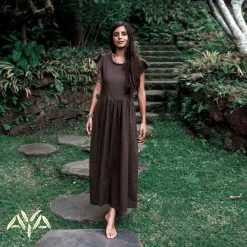 Stop List Brown Organic Linen Goddess Dress With V-shape Open Back