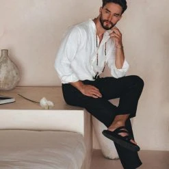 AYA Sacred Wear On Sale Off-White Linen Classic Minimalist Shirt For Men