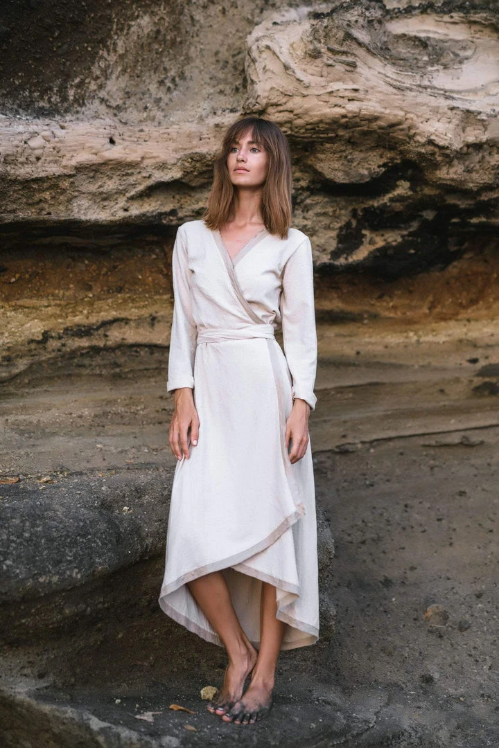 Stop List Off-White Linen Boho Wrap Dress 9 Stop List Off-White Linen Boho Wrap Dress