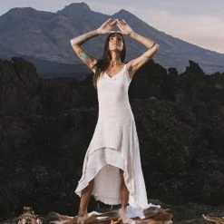 Stop List Organic Cotton Dresses Off-White Beach Wedding Dress, High Low Modest Wedding Dress