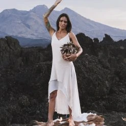 Stop List Organic Cotton Dresses Off-White Beach Wedding Dress, High Low Modest Wedding Dress