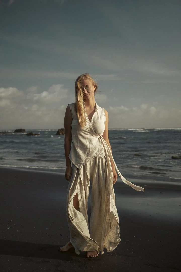 Stop List Organic Linen Garments Off-White Linen Boho Pants With High Slit 5 Stop List Organic Linen Garments Off-White Linen Boho Pants With High Slit