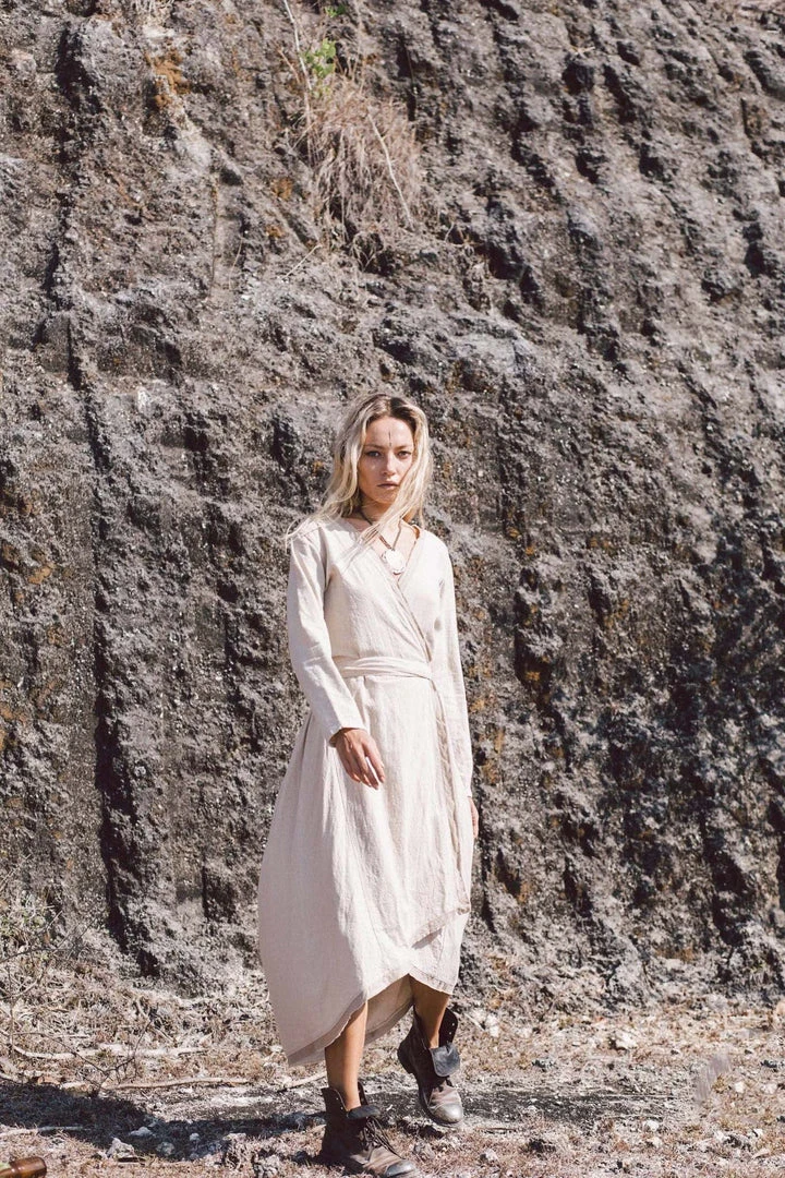 Stop List Off-White Linen Boho Wrap Dress 12 Stop List Off-White Linen Boho Wrap Dress