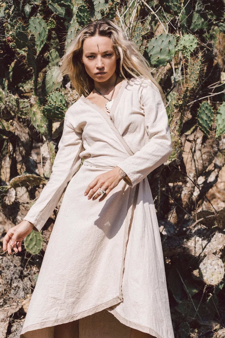 Stop List Off-White Linen Boho Wrap Dress 7 Stop List Off-White Linen Boho Wrap Dress