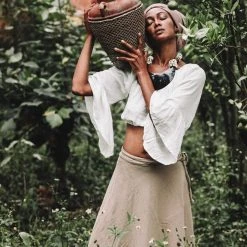 Stop List Beige Handwoven Linen Wrap Gypsy Maxi Skirt