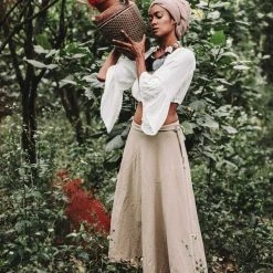 Stop List Beige Handwoven Linen Wrap Gypsy Maxi Skirt