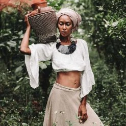 Stop List Beige Handwoven Linen Wrap Gypsy Maxi Skirt