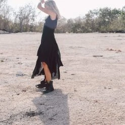 Stop List Black Slit Dress With Open Back, Simple Black Wedding Dress High Low Hem Organic Cotton Dresses