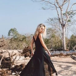 Stop List Black Slit Dress With Open Back, Simple Black Wedding Dress High Low Hem Organic Cotton Dresses