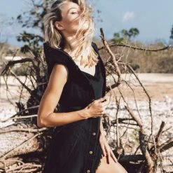 Stop List Black Slit Dress With Open Back, Simple Black Wedding Dress High Low Hem Organic Cotton Dresses