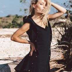 Stop List Black Slit Dress With Open Back, Simple Black Wedding Dress High Low Hem Organic Cotton Dresses