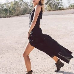 Stop List Black Slit Dress With Open Back, Simple Black Wedding Dress High Low Hem Organic Cotton Dresses