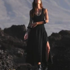 Stop List Black Organic Cotton Dress With Brass Buttons Organic Cotton Dresses