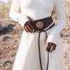 Stop List Woman’s Brown Leather Waist Belt With Gold Metal Emblem