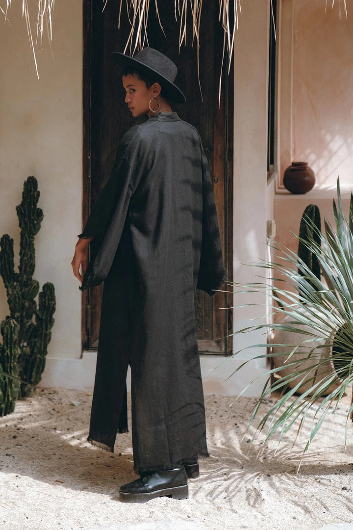 Jimmy Boho Cover Up • Wide Sleeve Bohemian Cardigan • Black Linen Kimono Robe